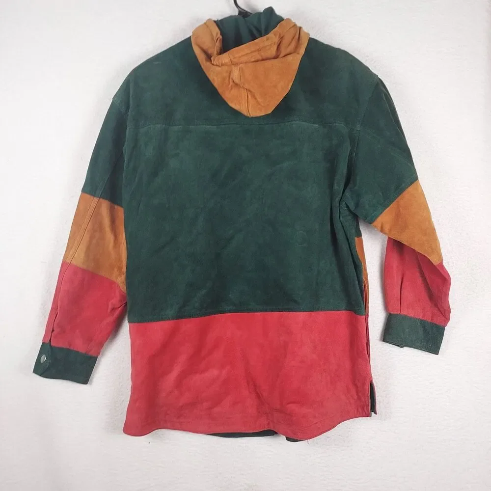 Gitano Vintage Style Leather Suede Jacket Mens Small Hooded Colorblock Green Red